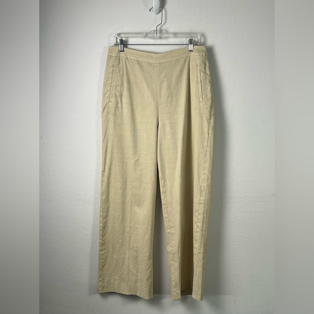 Ann Mashburn Beige Linen Cotton Elastane High Rise Wide Leg Trouser